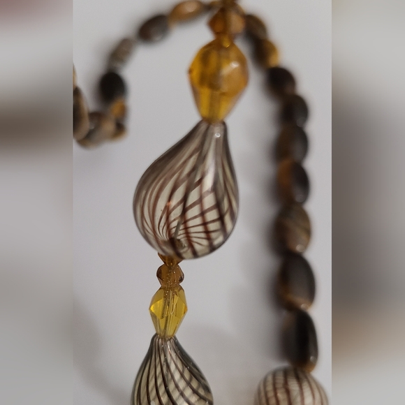 Vintage 80's Murano Glass Stripe & Tigers Eye Gemstones Czech Amber Necklace Vtg - Picture 16 of 16
